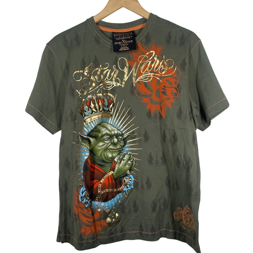 Marc Ecko Star Wars Yoda Graphic T-Shirt Olive Green Gold Foil Mens Large 2008